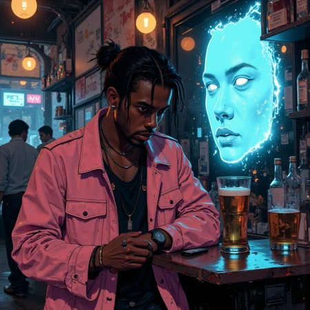 In the style of ck-sfc
In the center of this bustling cyberpunk district, is the hacker SchizoNomad and his pink coat. A good looking Haitian man. 24 yo. clean shaven,
The camera focuses on his young, yet sharp features as his breath comes in shallow gasps. His eyes are wild, a mixture of confusion and clarity, their intensity framed by a broken nose. There is a digital face mask in front of him on the bar, constantly shifting, distorting, as if unable to stay fixed. Its light blue and pixelated. Mask itself flickers (light blue:1) with glitches, He is not wearing a mask.
He is sitting in a bar holding a beer, trying to compose himself. He got a pink coat, multiple necklaces, fatigues and combat boots. He got a keyboard in a sling.
A strange, eerie light pulsates from the background, hinting at broken neon signs and distorted reflections, as if his very presence distorts reality around him. His long pink coat, still and torn in places, hangs loosely around his body, its vibrant color dimmed by the shadows that now consume him.