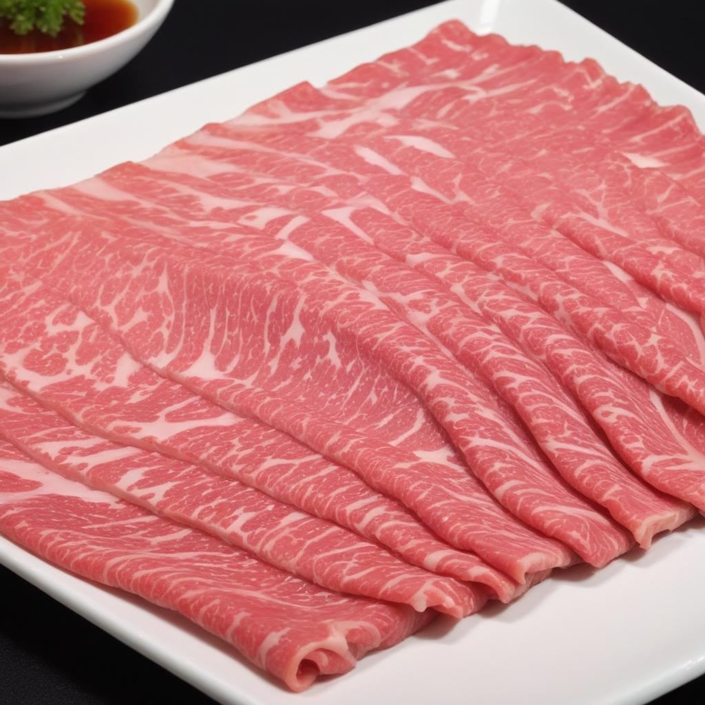 An enticing plate filled with premium Japanese Wagyu beef slices, specifically prepared for hot pot. Each slice should showcase the signature marbling of Wagyu, with intricate patterns of fat interspersed within the meat, giving it a luxurious appearance. The rich oil marbling should glisten, emphasizing the beef's high quality and tenderness. The color of the Wagyu should be a vibrant pinkish-red, with the white marbling contrasting beautifully. The plate itself should be elegant and understated, ensuring the Wagyu remains the star of the show. The photograph's quality should be of high resolution, capturing the unique texture and marbling of the Wagyu slices,<lora:jpbeef:0.55>