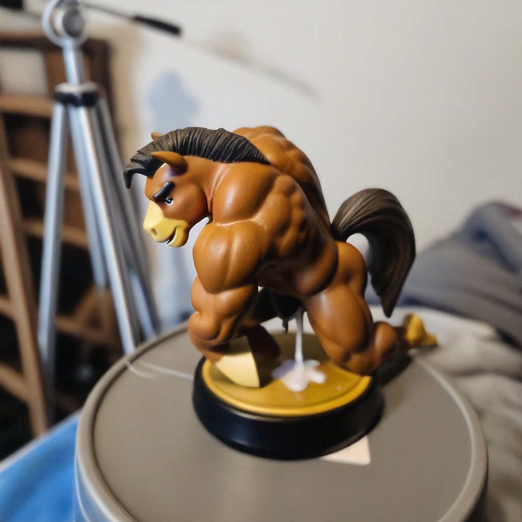 Amiibo, figure, horse, erection, cum drip, on all fours, round circular stand, muscular, bara, detailed figure