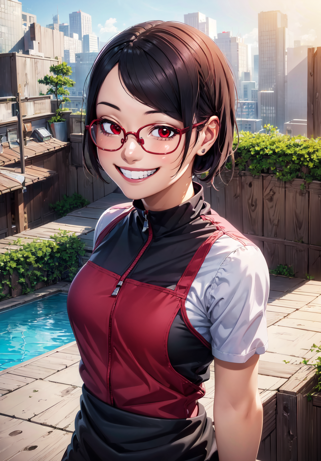 (Digital Artwork:1.3), 1girl, sfw, <lora:uchiha_sarada:0.8>, uchiha_sarada, 1girl, solo,, light skin, quarter turn,1/4 body pose, upper body view, eyes focus, looking at the viewer, (happy, kind smile, grin:1.3), red eyes, clear glasses, petite body, in early twenties, petite breasts, uniform, urban rooftop pool with city views, (masterpiece, best quality, absurdres, detailed, ultra-detailed:1.3), gorgeous, (trending on CGSociety, trending on pixiv, contest winner:1.3)