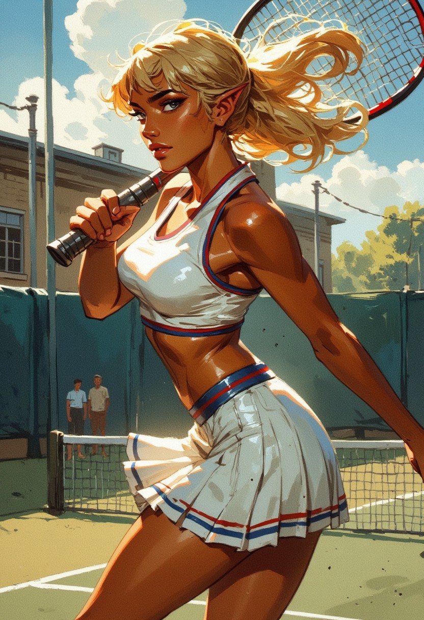 a sexy elven woman with light tanned skin, swinging a tennis racket. she wears a pleated skirt and a top, the garments are white with red and blue trims. her blond messy hair is styled as ponytail, emphasizing her pointy ears. she is focused and in full motion, swinging her racket. the action shot, depicts her upper body and focuses her eyes. the tennis court background is out of focus and motion blur enhance the dynamic scene. the midday sun casts soft lighting and shadows, highlight her details and clothing textures. the atmosphere is sophisticated and sportsmanlike, combined with female elegance. the image is highly detailed, realistic and intricate.
