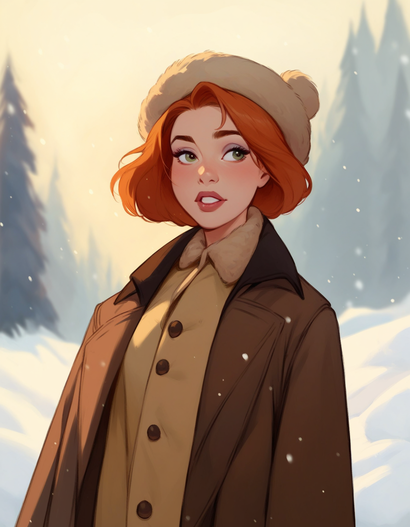 score_9, score_8_up, score_7_up,
Disney Animation, female, outside, human, solo, blurred background, shirt, upper body, short hair, snow, hat, daytime, parted lips, orange hair, coat, brown coat
<lora:Disney_Animation_Pony_v1:0.8> ,