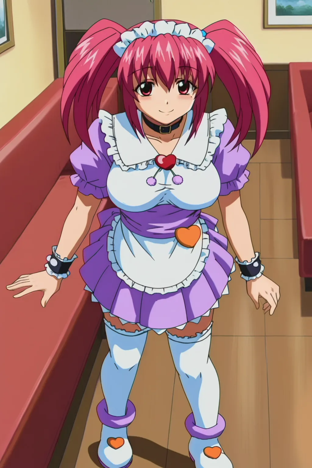 score_9, best, masterpiece, uncensored,
1girl, solo, slight smile, large breasts,
NishimuraMiruku, milf, single mole under left eye, hair bow,  purple clothing,
FamiresWaitressOutfit, waitress,
maid headdress, black belt collar with white frills, frilled sailor collar with hearth brooch, pom pom (clothes), frilled puffy short sleeves, pleated miniskirt with white frills, white frilled waist apron, frilled white thighhighs, white with color accents ankle boots with pink hear, frilled cuffs,
<lora:FamiresWaitressOutfit_V2:0.7> <lora:FamiresSenshiPuddingNishimuraMiruku_V2:0.7>​​​