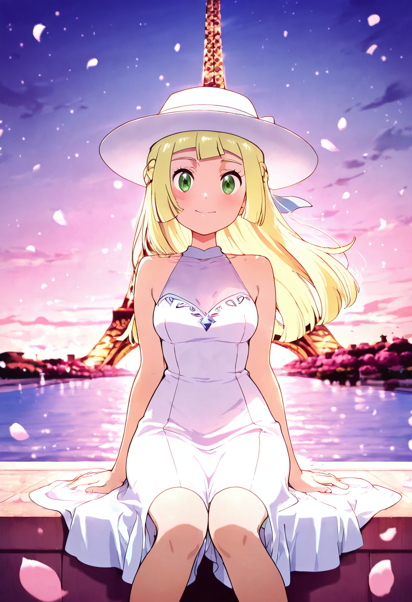 masterpiece, best quality, medium breasts, (curvy),   BREAK, zzLillie, long hair, braid, sun hat, white headwear, collarbone, sleeveless dress, white dress, <lora:LilliePokemon_NAI:1.0>,  <lora:EiffelTower_NAI:1.0>,  zzEiffelTower in background,  sitting, watercraft, boat, sitting on wall, side view, looking at viewer, smile,,, blooming stars, luminescent petals, otherworldly fragrance blurry background,