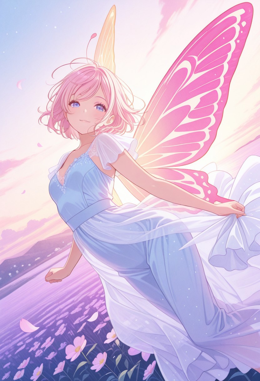 Watercolor, pastel color, (establishing shot:1.2), 1girl, flying, on air, light smile, butterfly costume, translucent clothes, arched back,, butterfly antennae \(anatomy\),butterfly wings, colorful wings, huge wings, multicolored wings, fairy tale princess gown with delicate lace and sparkly gems, outdoors, floating petals, colorful, blooms, from below,, wind lift,looking at viewer, wind, masterpiece, best quality, ultra-detailed, best illustration, soft lighting, light particles, glow, shiny hair, detailed background, dynamic lighting, volumetric lighting, dynamic pose, dynamic angle,