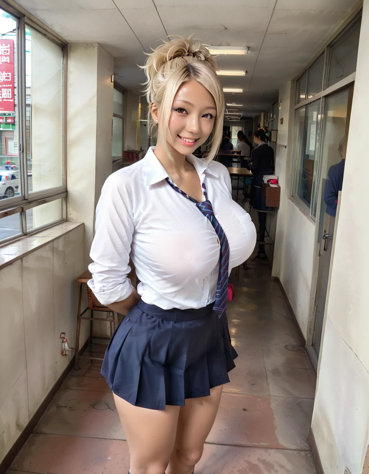 score_9, score_8_up, (rating_safe, fully clothed, dressing:1.4), source_photo, source_real, best quality, very aesthetic, absurdres, (normal body anatomy:1), full page of girl, upper body, view from above, standing, naughty, (hand on hip, hand up, hand sign:0.6), BREAK, 
1 young girl, japanese beutiful girl, (solo), (kuroko:1.2), (tsurime:1.4), (up ponytail), <lora:kuroko_(jk_bitch)-PD-1.0:0.6>, enormous breasts, sugging breasts,  (curvy body, wide hips, thick, thick thighs:0.3), gyaru, bitch, (realistic hair, natural skin, tan skin:1.2), realistic eyes, realistic lips, long eyelashes, refrected light in eyes, BREAK,
(cute, toddler face shape, chubby face:0.6), <lora:age_slider_v4:-0.6>, brown eyes, sexy eyes, toothy smile, (happy expression, groovy,  parted lips:0.9), BREAK,
(school girl, school uniform, white shirt, pleat skirt:1.2), blue  ties, tight clothes at breast, <lora:multi_tight_clothes_XL_V1:0.6>, <lora:SkindentationSlider:2>,
<lora:add_details_xl:1>, <lora:SkinRealityOrg_ponyv6_loraplus:0.8>, 
indoors, (day), rouka, hallway, window, scenery, school, reflective floor, door, reflection, building, tile floor, sunlight, ceiling light, <lora:gakkou_rouka_PONY_V2:0.9>