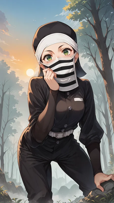 score_9,score_8_up,score_7_up,score_6_up, source_anime, zPDXL3, <lora:xl_more_art-full_v1:0.5>, girl, dynamic pose, (bent over), <lora:Kakushi (Girl) - Pony-000004:0.8>, green eyes, black uniform, black headwear, white headband, striped face mask, long sleeves, white belt, black pants, mist, fog, forest, sunset,