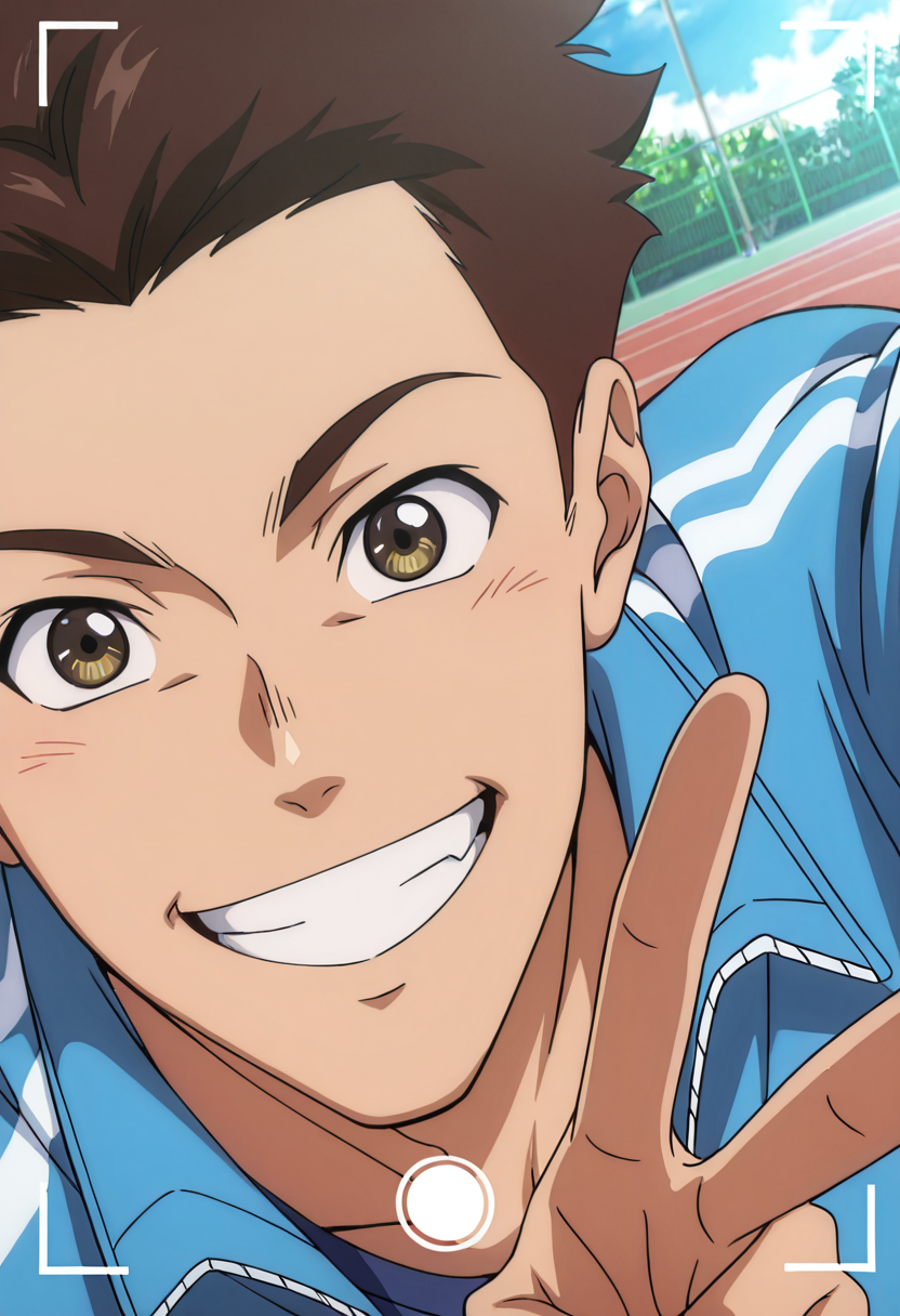 masterpiece, best quality, newest, absurdres, anime screencap, intricate details, good quality, very awa, highres, perfect proportions, perfect eyes, amazing quality, very aesthetic, <lora:Sakaki_Shohei_Love_All_Play.safetensors:1.0>,  1boy, shoh31_sakak1, brown_shoh31_sakak1_eyes, brown_shoh31_sakak1_hair, anime coloring, solo, male focus,  selfie, viewfinder, v, grin, looking at viewer, outdoors, day, blue track jacket, fake phone screenshot, viewfinder,  shadow, dynamic angle, dynamic action, atmospheric perspective, intricate lighting, intricately detailed illustration, depth of field,