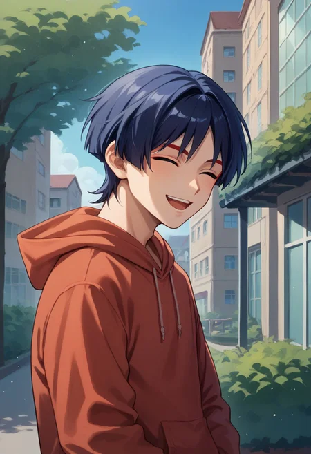 score_9, score_8_up, score_7_up, source_anime, highly detailed,
scaramou,1boy, male focus, solo, indigo hair, short hair, bangs, closed eyes, red eyeshadow, hoodie, hood, smile, open mouth, happy,
outdoor, building, contemporary,