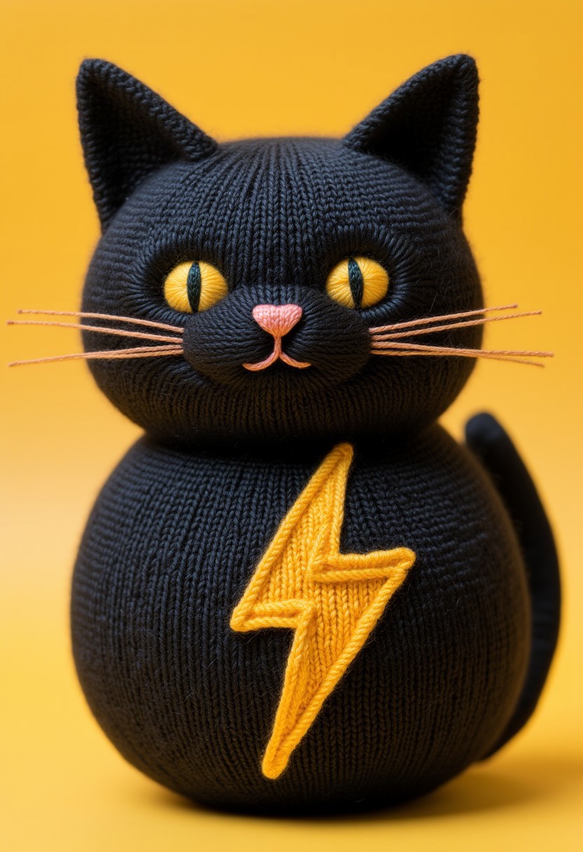 A little black kitty holding a yellow lightningbolt symbol knitted style
