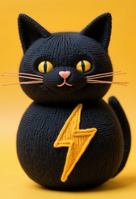 A little black kitty holding a yellow lightningbolt symbol knitted style