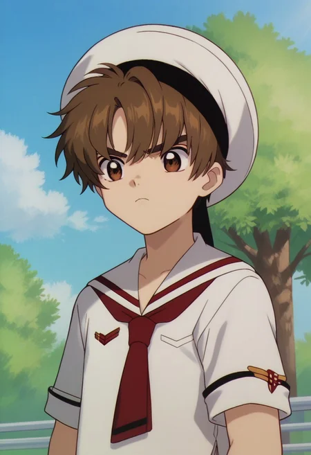 score_9, score_8_up, score_7_up, source_anime, highly detailed,
syaoran, 1boy, male focus, solo, brown hair, brown eyes, hat, white headwear, school uniform, shirt, white shirt, short sleeves, sailor collar, frown,
outdoor, sky, cloud, tree
