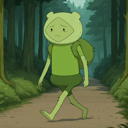 masterpiece, best quality, amazing quality, official style, f3rn, male, solo, humanoid, green body, black dot eyes, two toes, barefoot, green hoodie, green shirt, green backpack, short sleeves,  green shorts, walking, sad, outdoors, forest,