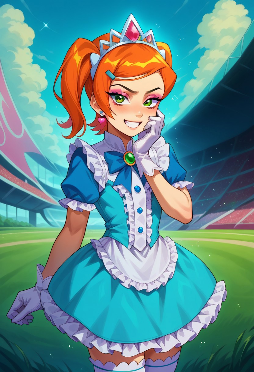 score_9, score_8_up, score_7_up, source_anime , 1girl, gwen tennyson (/Ben10)/, bright orange hair, short hair, (green eyes), girly twintails, masterpiece, best quality, absurdres, (pastel theme) magical girl, blue latex frilly bell skirt, magical girl dress, madoka dress, pastel colors, kawaii, frilled skirt, thighhighs, puffy dress, puffy short sleeves, gloves, tiara hairband, gem brooch, bow, ribbons, lace trim, frills, frilled fabric, sparkles, glitter,
lipstick, long eyelashes, eyeshadow, eyeliner, mascara, makeup,  
outdoors, nature, clouds, heart earrings, heart accessories, jewelry, frilled boots, solo, cowboy shot, dynamic magical girl pose, v, grin, hand on own cheek