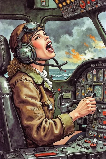 itacomic1 illustration. A female pilot screaming inside the cockpit of a WWII bomber. The pilot, wearing a vintage leather flight helmet with goggles and a brown bomber jacket, grips the controls with white-knuckled hands. Her face is contorted in a mix of fear and determination as she yells, her eyes wide with adrenaline. The cockpit is cramped and filled with old-fashioned dials and gauges, with the outside view showing dark stormy clouds and distant anti-aircraft fire. The scene is lit by the eerie glow of the instrument panel, casting harsh shadows across her face, emphasizing the intensity and danger of the moment. High contrast, dynamic composition, gritty and realistic, with a cinematic feel. <lora:itacomic_mima_fl_d4a2e8:1.0><lora:800599651062516780:0>