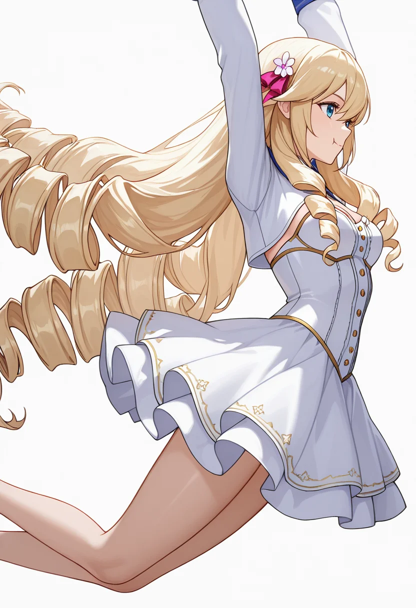 Smooth Quality,masterpiece,very intricate, high quality details, ultra realistic, high detailed skin,detailed enviorement,absurdres,
<lora:Ariane_Algren_CNR:0.8> ariane_cnr, very long hair, drill hair,blonde hair, blue eyes, hair between eyes, sidelocks,hair bow,hair ribbon,hair flower,bustier, ,shrug, ,circle skirt, ,, simple background, white background, from side,
jumping, arms raised, legs bent, happy face, energetic posture, ,, :t,