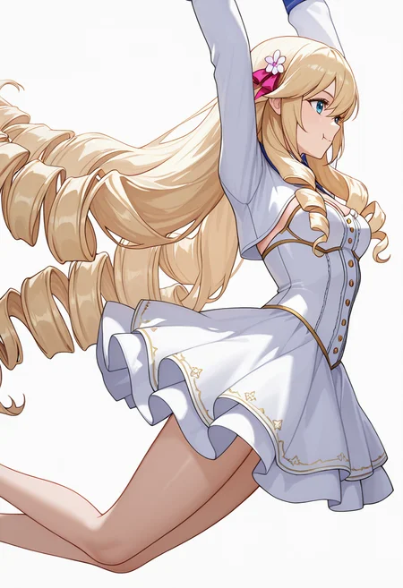 Smooth Quality,masterpiece,very intricate, high quality details, ultra realistic, high detailed skin,detailed enviorement,absurdres,
<lora:Ariane_Algren_CNR:0.8> ariane_cnr, very long hair, drill hair,blonde hair, blue eyes, hair between eyes, sidelocks,hair bow,hair ribbon,hair flower,bustier, ,shrug, ,circle skirt, ,, simple background, white background, from side,
jumping, arms raised, legs bent, happy face, energetic posture, ,, :t,