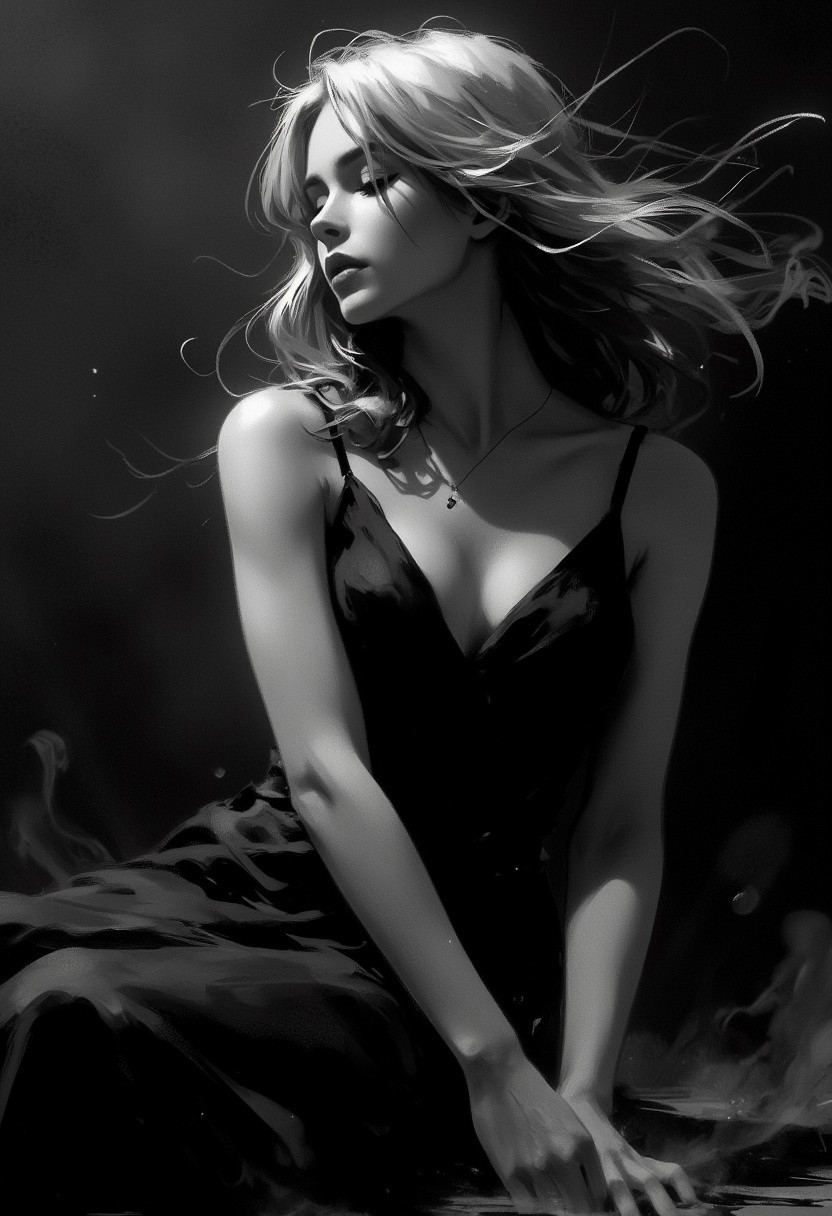 neo-noir portrait study, silver halide gradients, dramatic shadow cascades, smoke-like fabric flows, timeless elegance meeting raw emotion –style raw