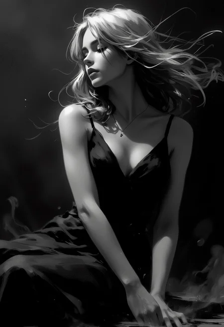 neo-noir portrait study, silver halide gradients, dramatic shadow cascades, smoke-like fabric flows, timeless elegance meeting raw emotion –style raw