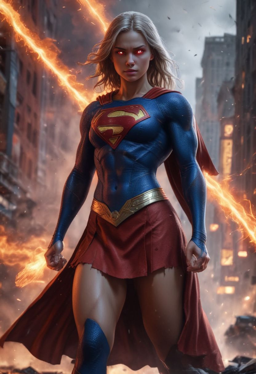 High resolution ultra-realistic of Beautiful Supergirl fighting against alien invasion, cinematic style, standing on a bloody and stormy battlefield in a fighting pose, bloody massacre, fire, realistic combat costume, red mini skirt, perfect athletic figure, wavy blonde hair, handsome dirty bloody face, beautiful perfect detailed pupils, wet oily shiny skin, beautiful firm Breasts, defiant and seductive, sexy 20 year old girl, 8k resolution concept art portrait by Greg Rutkowski, Dark Gotham City, Artgerm, WLOP, Alphonse Mucha, dynamic lighting, hyperdetailed, intricately detailed, Splash art trending on Artstation triadic colors, Unreal Engine, 5 volumetric lighting, Cinematic Lighting, intricate, smooth, sharp focus digital painting, Asymmetrical Balance, painting, dynamic lighting