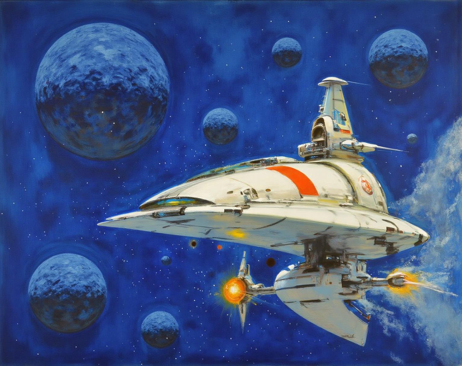 jober1 illustration.
A sci-fi style, depicting a futuristic space scene. The central focus is a sleek, futuristic spacecraft, painted in a mix of white, silver, and red tones. The spacecraft, with a sleek, aerodynamic design, has a large, curved windshield and multiple propulsion thrusters along its sides. It appears to be in mid-flight, with a slight blur around its edges, indicating motion. Four small spherical moons are visible in the background.
 <lora:jober1_cap_d6a3e12:1.0><lora:819157057992351864:0>