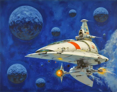 jober1 illustration.
A sci-fi style, depicting a futuristic space scene. The central focus is a sleek, futuristic spacecraft, painted in a mix of white, silver, and red tones. The spacecraft, with a sleek, aerodynamic design, has a large, curved windshield and multiple propulsion thrusters along its sides. It appears to be in mid-flight, with a slight blur around its edges, indicating motion. Four small spherical moons are visible in the background.
<lora:jober1_cap_d6a3e12:1.0><lora:819157057992351864:0>