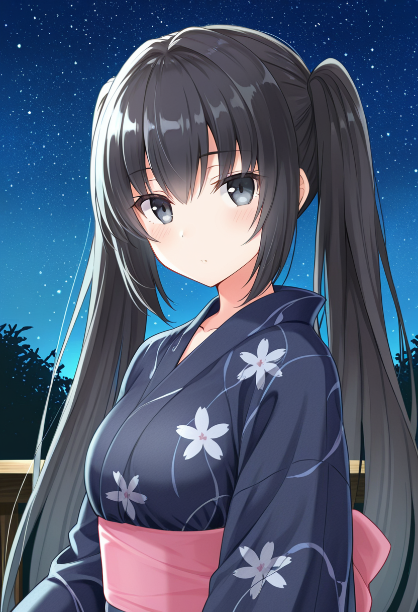 1girl, oregairumiagup, black hair, very long hair, twintails, black eyes, yukata, looking at viewer, cute, night, starry sky, <lora:RumiHighSchool_ill_v2:1>, masterpiece, best quality, high quality, detailed, absurdres