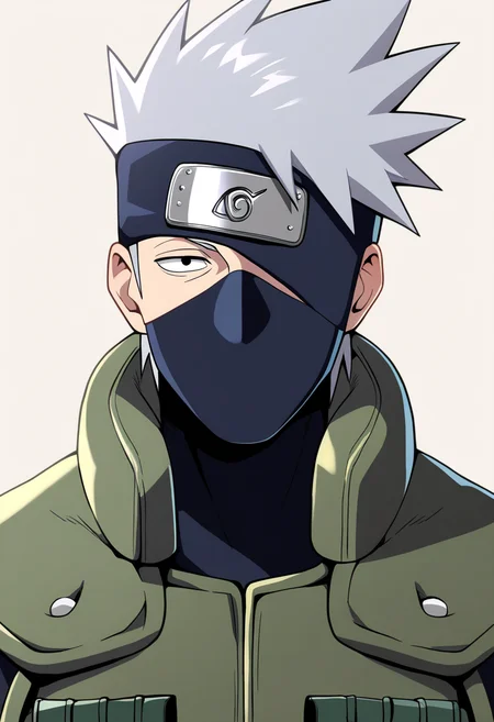 masterpiece, best quality, very aesthetic, absurdres,
1boy, kakashi, grey hair, black eyes, forehead protector, konohagakure symbol,
green vest, covered mouth,
upper body,
smile, solo, looking at viewer, simple background, white background, <lora:KakashiNoobXL_byKonan:1>