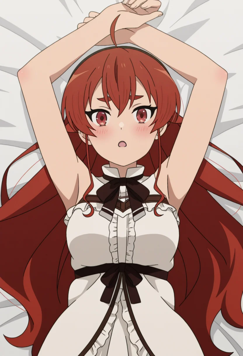 <lora:Eris Greyrat_illustrious-000016:1>,
Eris Greyrat, solo, lying, on back, blush, ahoge, looking at viewer, open mouth, dress, arms up, breasts, frills, white dress, bed sheet, thick eyebrows, sleeveless,anime screencap