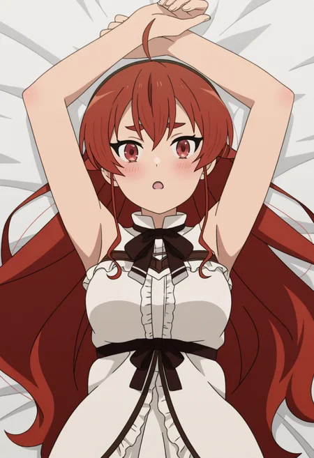 <lora:Eris Greyrat_illustrious-000016:1>,
Eris Greyrat, solo, lying, on back, blush, ahoge, looking at viewer, open mouth, dress, arms up, breasts, frills, white dress, bed sheet, thick eyebrows, sleeveless,anime screencap