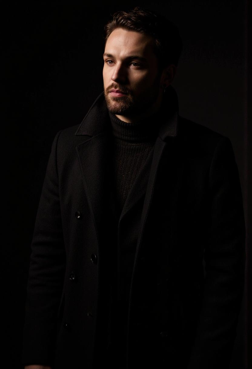 Rembrandt Lighting. A photo-realistic portrait shoot from a portrait camera angle about a man with a serious expression in a dark background, wearing a black coat. the image also shows a man in the middle of the frame, who appears to be in his late 30s, with short, dark hair and a beard, standing in the center of the image, looking directly at the camera with a neutral expression. he is wearing a dark coat with a high collar, and his hands are not visible in the frame. the lighting is dramatic, with a dark, moody atmosphere, and the background is a solid black color. the man has a slim physique, short hair, and a full beard, and he is standing with his arms at his sides. he has brown eyes, looking to the side, and is wearing earrings.