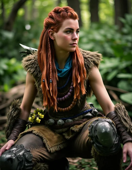 A photo realistic picture of a nora huntress trailing through a dense forest, her long red hair is tied on multiple braids flowing over her shoulders, her nora armor is decorated with multiple bead necklaces, she has one knee on the ground she looks at the distance with a stern expression, her pretty face is soft and gentle, this captivating realistic travel photo highlights the girl's yearning for adventure and evokes a sense of calm and sensuality amidst the teeming wilderness, posing seductively, film camera, film grain, (art by mooncryptowow), shot on 50mm lens at f/2.8 aperture, bokeh, large eyes, full body view, mouth closed, face is well lit, realistic clear smooth skin, detailerlora
<lora:Aloy_Forbidden_West:.9> <lora:detailer_flux_v1:.55>