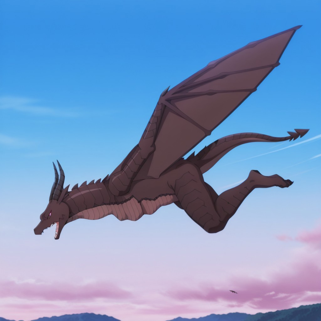 masterpiece, best quality, amazing quality, varneydrgnil, semi-anthro, male, wyvern, black scales, red eyes, pink sclera, winged arms, horns, flying, from side, open mouth