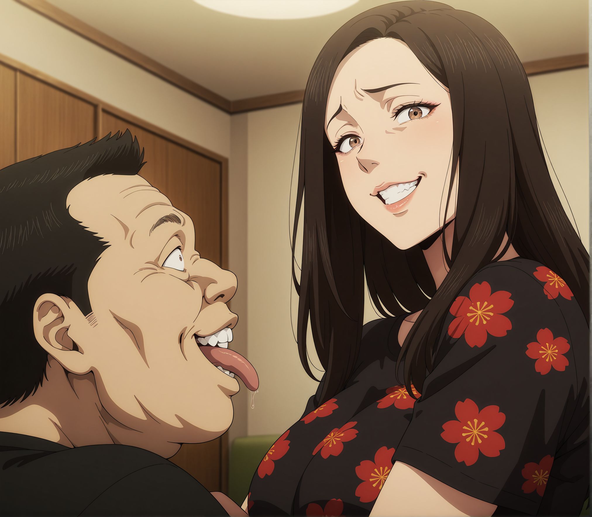 masterpiece,best quality,amazing quality,very aesthetic,absurdres,newest, huge filesize,anime coloring,
<lora:the_fable:0.8>
1gir  , hetero, 1boy, cunnilingus, 
 (scared   female:1.3), sexual harassment,  living room, spread legs, tongue out, ,from side, 
 smug male,
BREAK
long hair,brown eyes,
brown hair female,parted lips,
lips,looking at viewer,
 (f_misaki),
BREAK
smile,shirt,grin,
black hair, ugly man, muscular male, sca
teeth,floral print,
black shirt,
portrait,f_kojima,