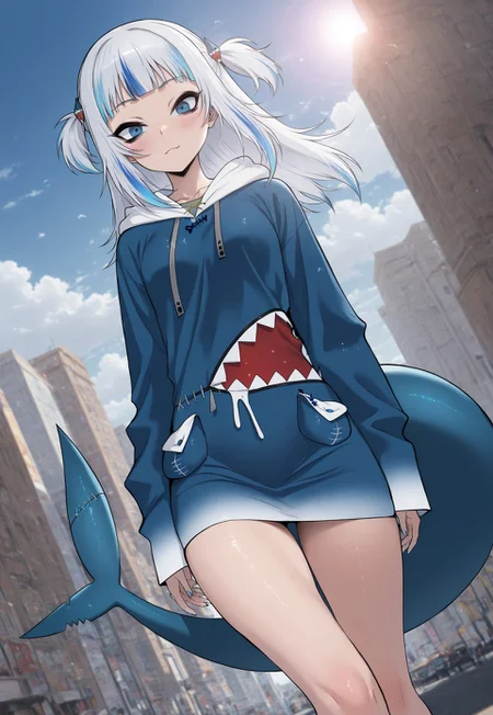 Smooth Quality, highres, hi res, best quality, masterpiece, intricate details, absurdres, 8k, glitter, depth of field, pinup, Glamor,
outoors, city, cloud, sunlight, wind, dutch angle, dizzle, makeup, makeup, eyeliner, bags under eyes, gawr_gura, tail, blue hair, shark tail, blue eyes, shark girl, Hood,