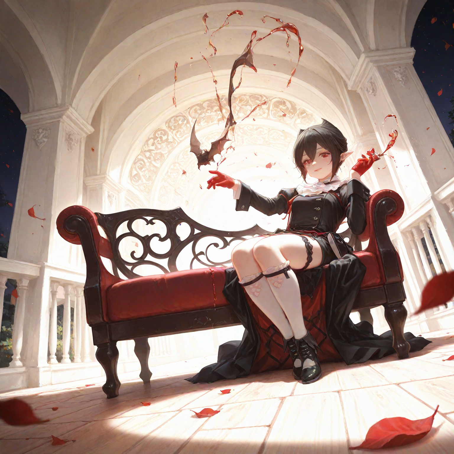entelechia \(arknights\), red eyes, pointy ears, black hair, gloves, red gloves, bat (animal), fullbody, vampire, street, masterwork, masterpiece, best quality, realistic, ambient occlusion, ray tracing, depth of field, (((dynamic angle))), realistic painted face, painterly, vibrant colours, in lush style, extremely detailed eyes BREAK roses, butterfly, bat \(animal\), BREAK fantasy, , , vaulted ceiling, baseboards, reclining, night, noir lighting, soft light

, liquid splash, , , , , , meandering lines, , striped, warp, distortion, surrealism, scenery, , , , , billowing folds, , gradient background, , , , delicate petals, leaves, , warm ethereal glow, , , below lighting, , surreal artistry, , , warm gradients, hyper-detailed natural motifs, vibrant yet subtle palette, fluid design aesthetics, harmonious abstraction, , abstract dreamscape, ,