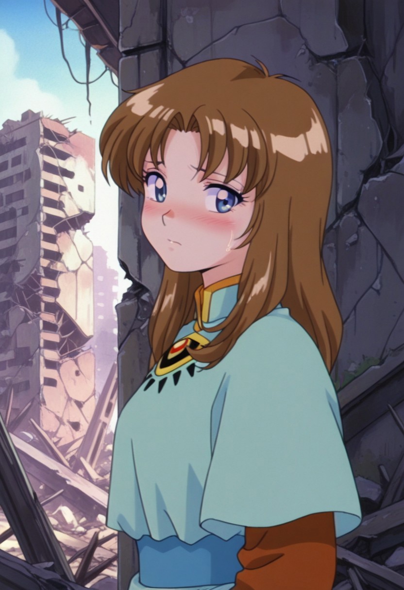 masterpiece,best quality,amazing quality, yakumo tatsuro, long hair, brown hair, blue eyes, 1girl, solo, blush, retro artstyle, ruins, 1990s (style), upper body, capelet