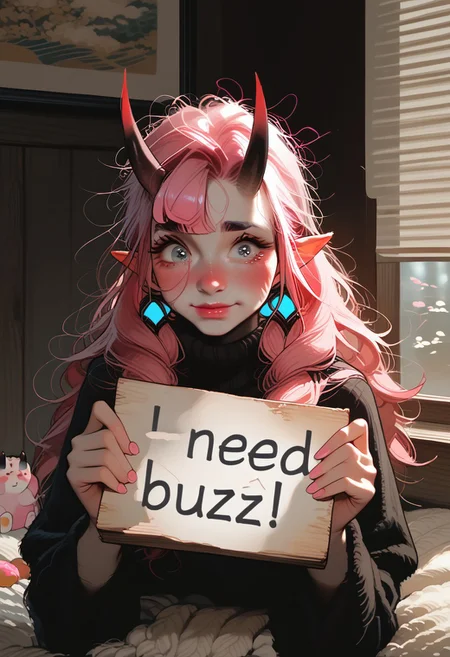 score_9, score_8_up, score_7_up, highly detailed, sharp focus, HD, (1girl:1.4), ((solo)), ((pale skin:1.3)), (cute young oni girl:1.5), need_buzz, holding sign,small sharp horns, (big expressive eyes:1.3), (soft pink blush:1.2), ((long fluffy pastel pink hair:1.4)), slightly messy hair, shy smile, wearing a cozy sweater, (small black horns:1.3), (pointy ears:1.2), (tiny bat wings:1.2), soft freckles, fantasy-inspired outfit, (Japanese-style modern room:1.4), cozy house interior, warm lighting, sitting on a plush futon, hugging a pillow, cute pose, playful expression, charming, soft anime shading, ultra-detailed fabric folds, elegant color balance, soft glowing ambient light
 <lora:Expressive_H:1> <lora:incase-ilff-v3-4:0.6> <lora:MoriiMee_Gothic_Niji_Style_Illustrious_r1:0.7>