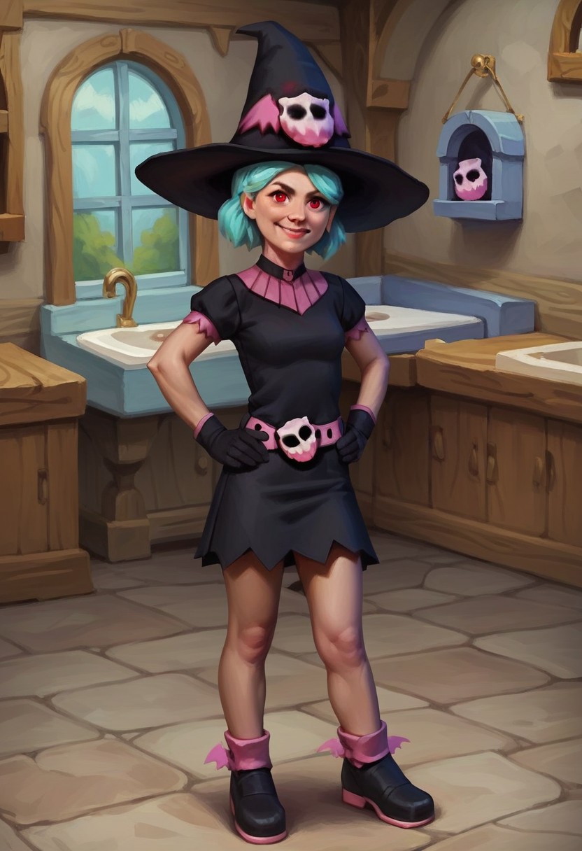 score_9_up, score_8_up, score_7_up, score_6_up, solo, 1girl, Wendalyn_WW, witch hat, red eyes, black dress, pink belt, black gloves, black and pink footwear, short multicolored hair, aqua hair, (adult), skull, smile, hands on hips, (standing in a quaint cottage), (realistic, painted art)