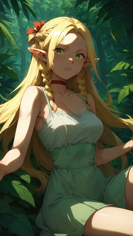 score_9,score_8_up,score_7_up,score_6_up, <lora:xl_more_art-full_v1:0.5>, source_anime, girl, dynamic pose, resting on a diagonal, <lora:Marcille Donato - Pony:0.8>, long hair, blonde hair, braids, green eyes, pointy ears, elf ears, red hair ribbon, red choker, light green sundress, tropical forest, summer vacation,