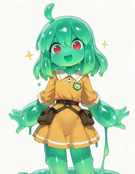 masterpiece, best quality, amazing quality, very aesthetic, high resolution, <lora:porforever_style_v3_illustrious_epoch_7:0.9>,
por4ever, 1girl, solo, looking at viewer, smile, open mouth, simple background, red eyes, white background, dress, standing, ahoge, :d, green hair, colored skin, monster girl, pouch, slime girl,