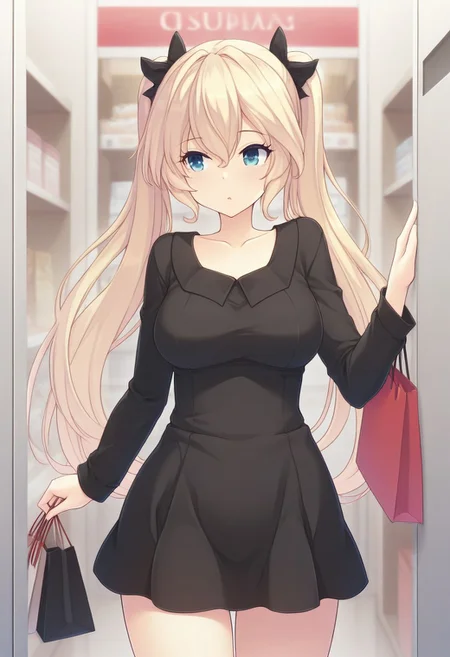 masterpiece, best quality, absurdres,
1girl, Mao, blonde hair, long twintails, black mini-dress, shopping, looking at clothes,