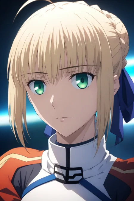 score_9, score_8_up, score_7_up, source_anime, rating_safe, intricate details, , looking at viewer, upper body, , 1girl, saber \(fate\), blonde hair, green eyes, ahoge, hair between eyes, hair bun, hair bow, solo, science fiction cyberpunk, <lora:fsn_ubw_style_pony:0.76>, fsn_ubw_style, <lora:sdxl_lightning_8step_lora:1>