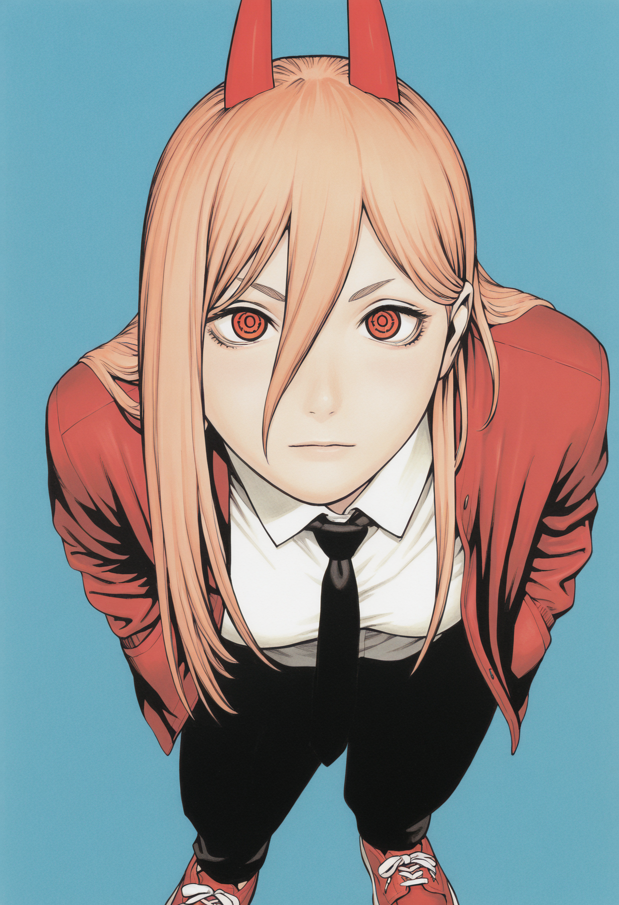 masterpiece, best quality, newest, absurdres, highres, traditional media, 1girl, black necktie, necktie, solo, long hair, horns, red eyes, shirt, jacket, white shirt, pants, black pants, red footwear, collared shirt, shoes, blonde hair, blue background, simple background, power \(chainsaw man\), hands in pockets, facing viewer, looking at viewer, ringed eyes, leaning forward, close-up, red jacket, from above, upturned eyes,
 <lora:murata_ill_v2:1>
