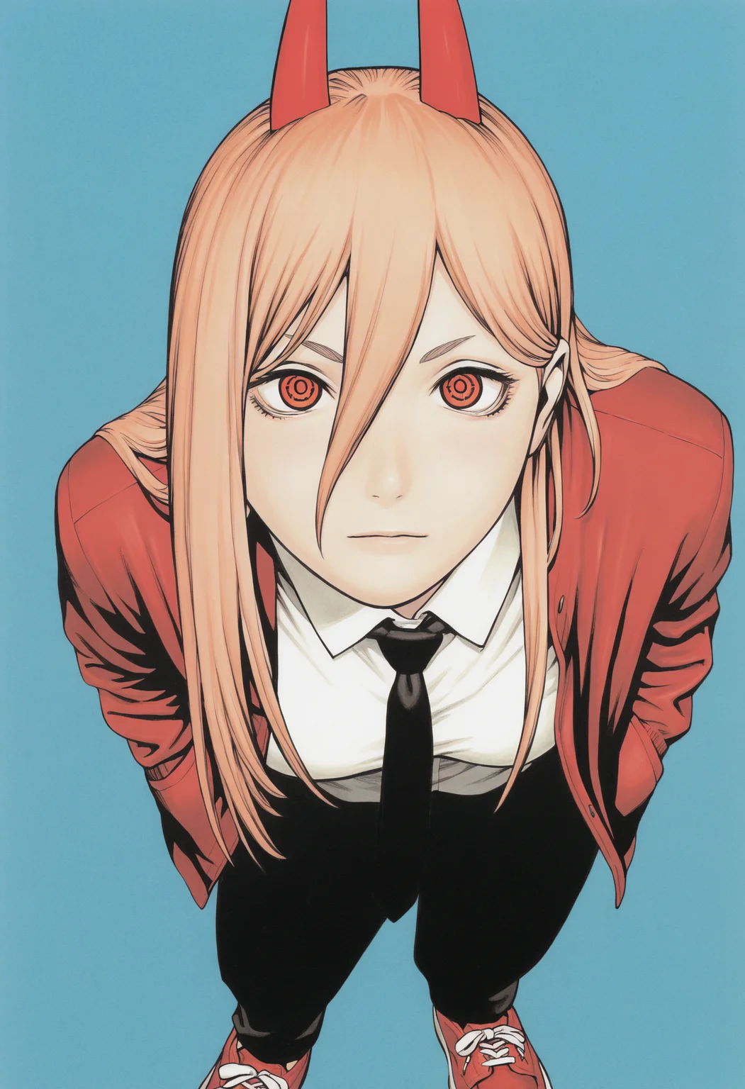 masterpiece, best quality, newest, absurdres, highres, traditional media, 1girl, black necktie, necktie, solo, long hair, horns, red eyes, shirt, jacket, white shirt, pants, black pants, red footwear, collared shirt, shoes, blonde hair, blue background, simple background, power \(chainsaw man\), hands in pockets, facing viewer, looking at viewer, ringed eyes, leaning forward, close-up, red jacket, from above, upturned eyes,
 <lora:murata_ill_v2:1>