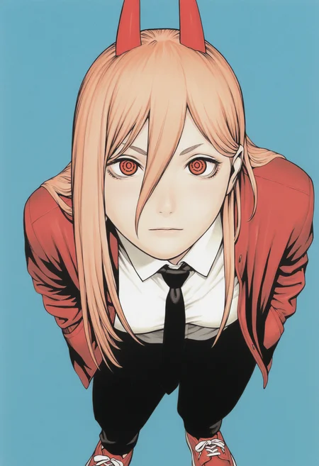masterpiece, best quality, newest, absurdres, highres, traditional media, 1girl, black necktie, necktie, solo, long hair, horns, red eyes, shirt, jacket, white shirt, pants, black pants, red footwear, collared shirt, shoes, blonde hair, blue background, simple background, power \(chainsaw man\), hands in pockets, facing viewer, looking at viewer, ringed eyes, leaning forward, close-up, red jacket, from above, upturned eyes,
<lora:murata_ill_v2:1>