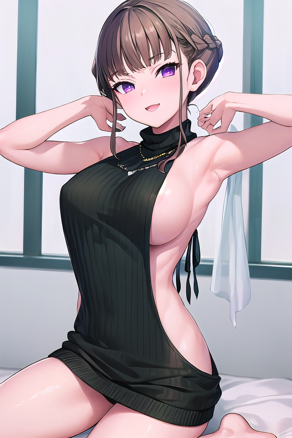 masterpiece, best quality, ultra-high-detailed, virgin killer sweater, backless outfit,  Manaka Nemu, short hair, braided hair, brown hair, violet eyes,