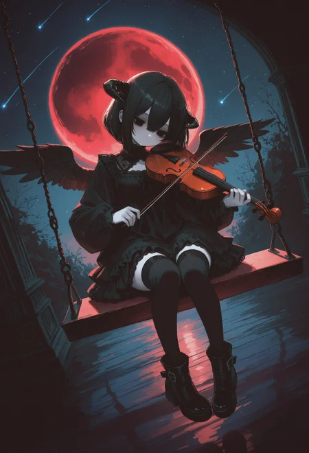 incredibly absurdres, highres, masterpiece, newest,best quality, very aesthetic, absurdres, newest, 8k, HDR, focused subject, oc-chan_(ketopon), 1girl, solo, black hair, bob cut, hair between eyes, black eyes, solid eyes,horns, expressionless, looking down, head tilt, pale skin, goth fashion, frilled dress, high collard,lace trim, square neckline, black tighhighs, zettai ryouiki, ankle boots, pigeon toed, feathered wings, sitting on swing, playing violin, red moon, crescent moon,dutch angle, full body, starry sky,shooting stars, stars \(sky\), moonlight, bloom, raytracing, dark theme, backlighting, intricate, no lineart, no outline,painterly, blending, scenery, 15546+456868, 0010011_illu,