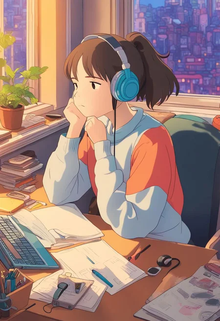 a bored student girl on her laptop, on a desk, cozy room, headphones, large window, vibrant colors, lineart, Studio Ghibli