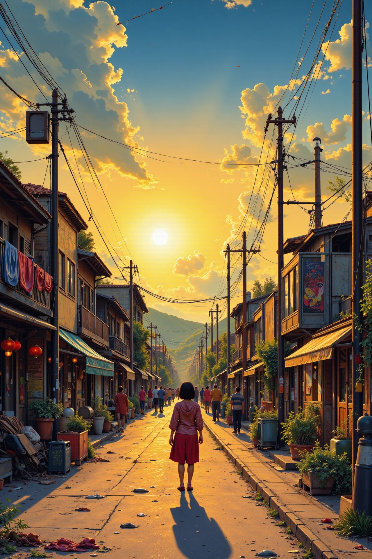 street beautiful  landscape, golden hour, woman, very intricate, very detailed, sharp, bright, colorful, <lora:Hand v2:0.5> <lora:Anti-Blur:1><lora:Insane Detail Slider:0.25>  <lora:flux.1_lora_flyway_Epic-detail_v2:0.3> <lora:fluxenhancer:0.25> <lora:90s-anime:1> retro anime, 77oussam 90s,1990s anime